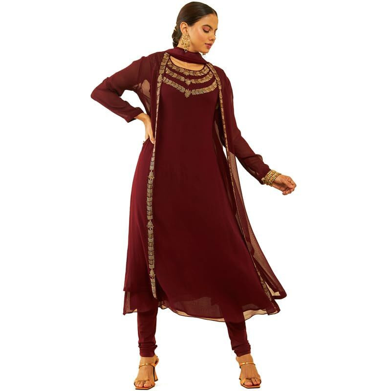 Soch Womens Maroon Georgette Cutdana Work Suit Set With Jacket And Dupatta