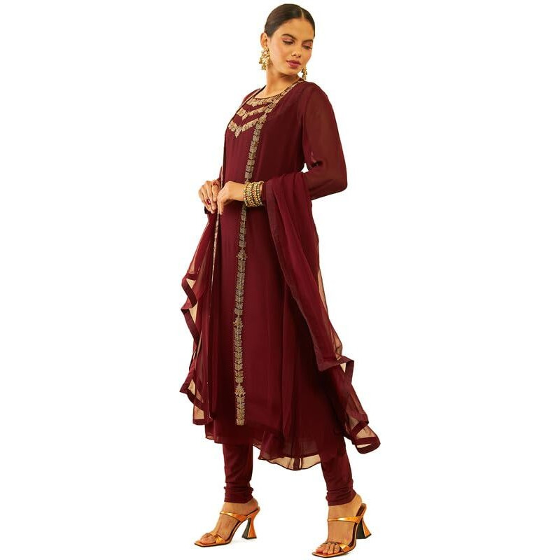 Soch Womens Maroon Georgette Cutdana Work Suit Set With Jacket And Dupatta