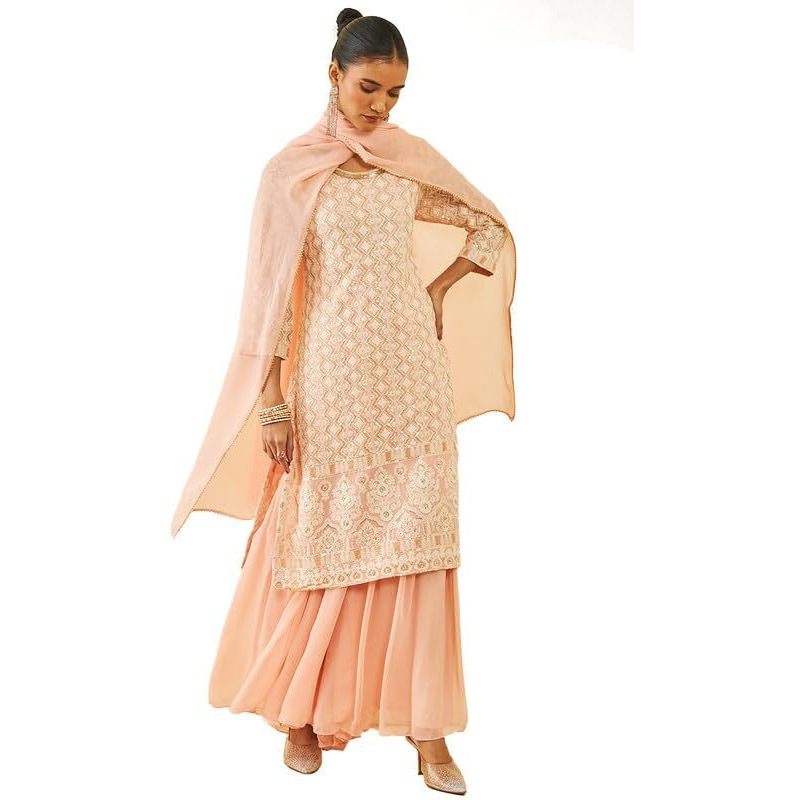 Soch Womens Peach Georgette Embroidered And Sequin Embellished Sharara Suit Set