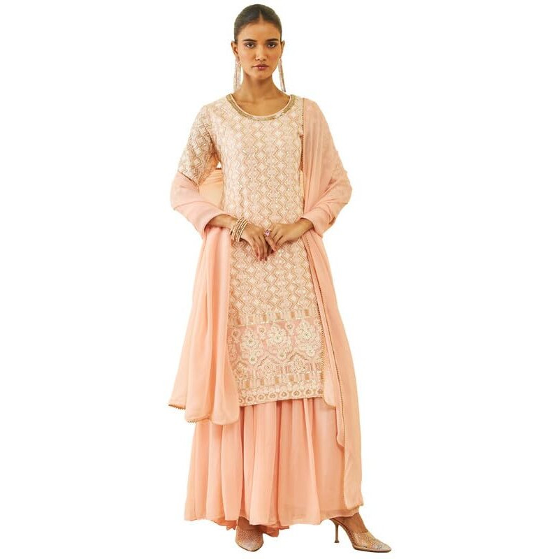 Soch Womens Peach Georgette Embroidered And Sequin Embellished Sharara Suit Set