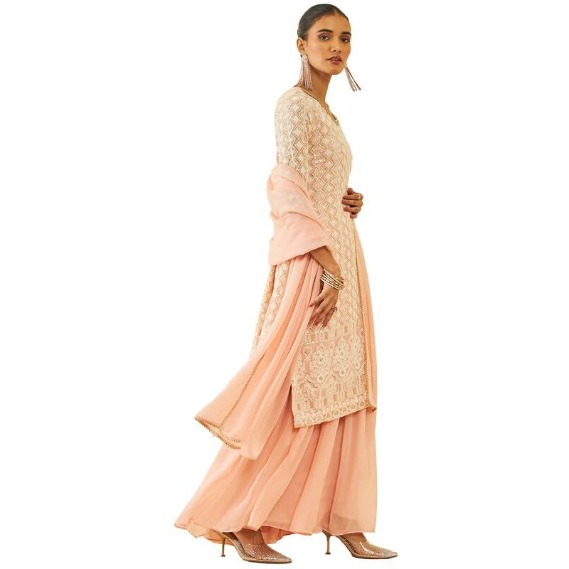 Soch Womens Peach Georgette Embroidered And Sequin Embellished Sharara Suit Set