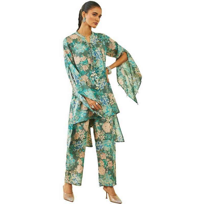 Soch Womens Teal Muslin Floral Print Co-Ord Set With Tasselled Neck Tie-Up