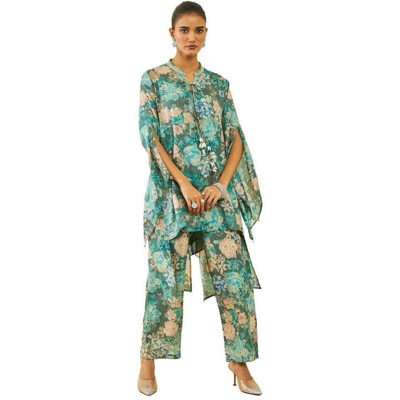 Soch Womens Teal Muslin Floral Print Co-Ord Set With Tasselled Neck Tie-Up
