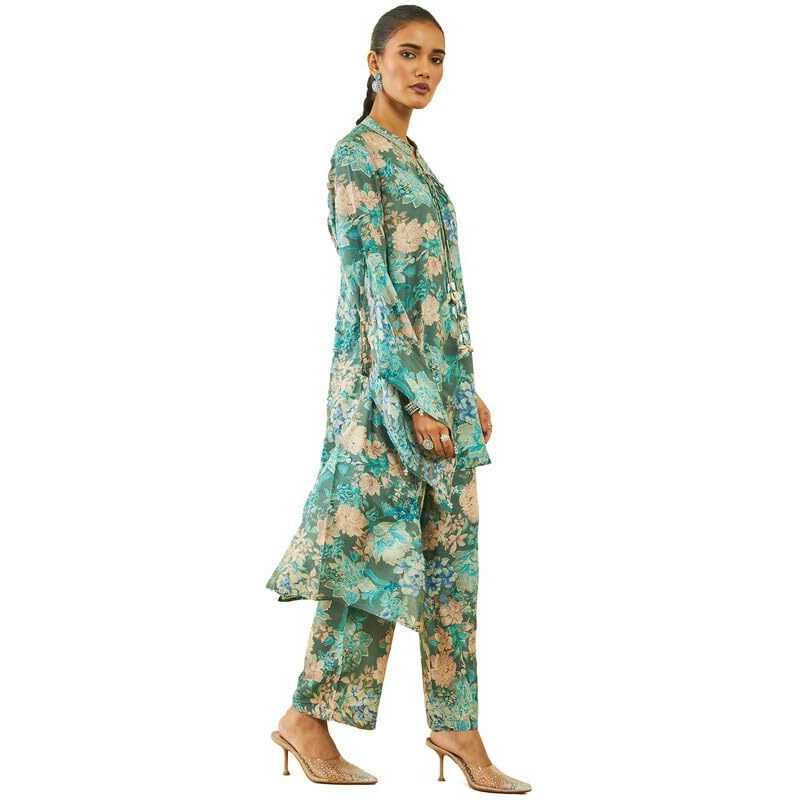 Soch Womens Teal Muslin Floral Print Co-Ord Set With Tasselled Neck Tie-Up
