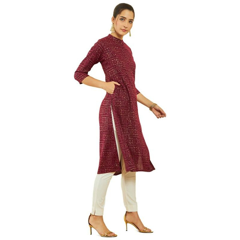 Soch Womens Wine Rayon Geometric Foil Print Straight Kurta With Pocket