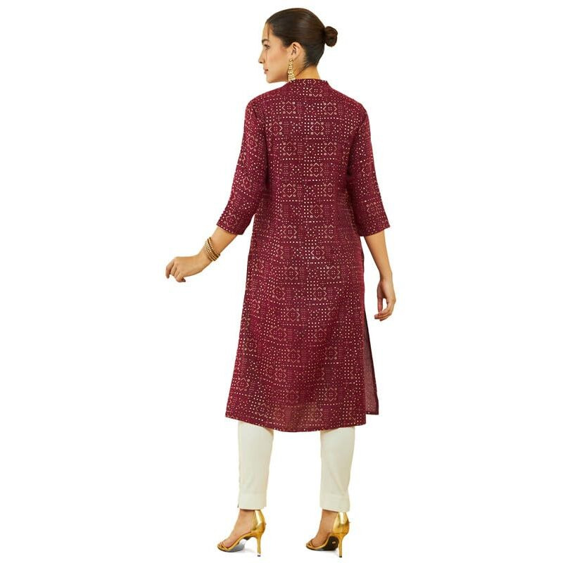 Soch Womens Wine Rayon Geometric Foil Print Straight Kurta With Pocket