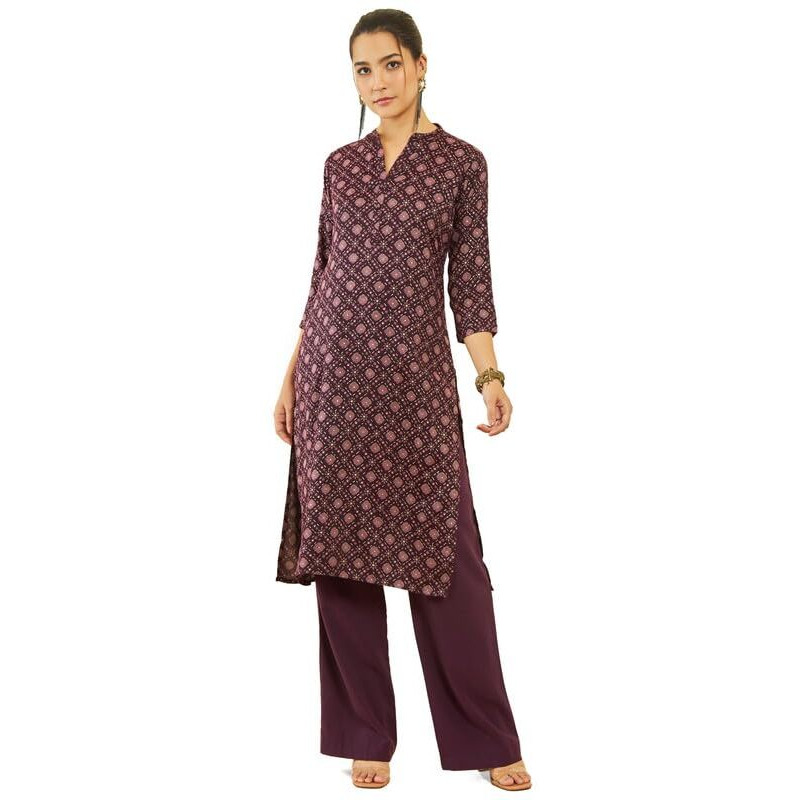 Soch Womens Wine Rayon Geometric Foil Print Straight Kurta