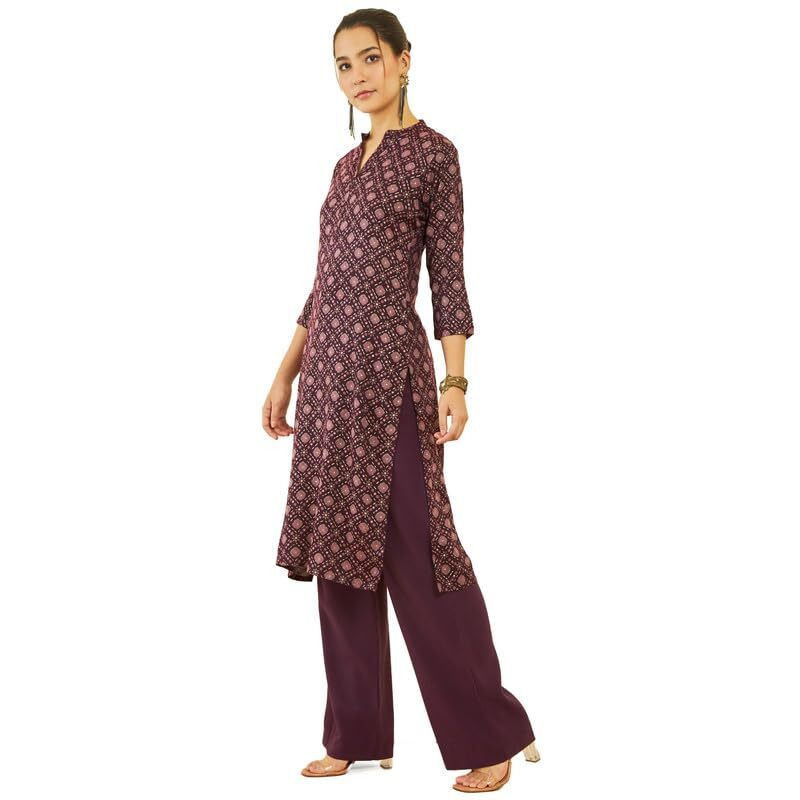 Soch Womens Wine Rayon Geometric Foil Print Straight Kurta