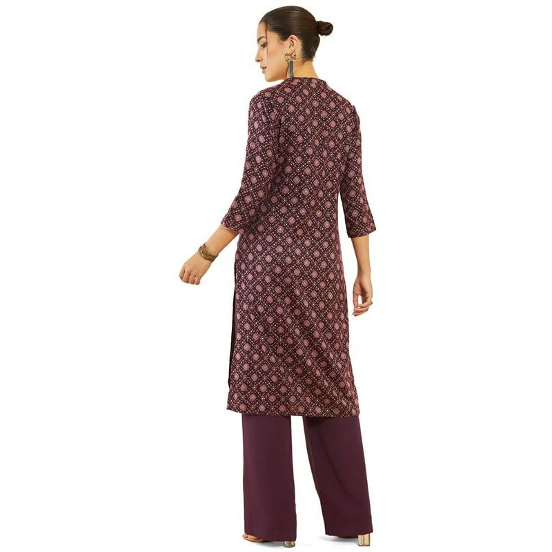 Soch Womens Wine Rayon Geometric Foil Print Straight Kurta