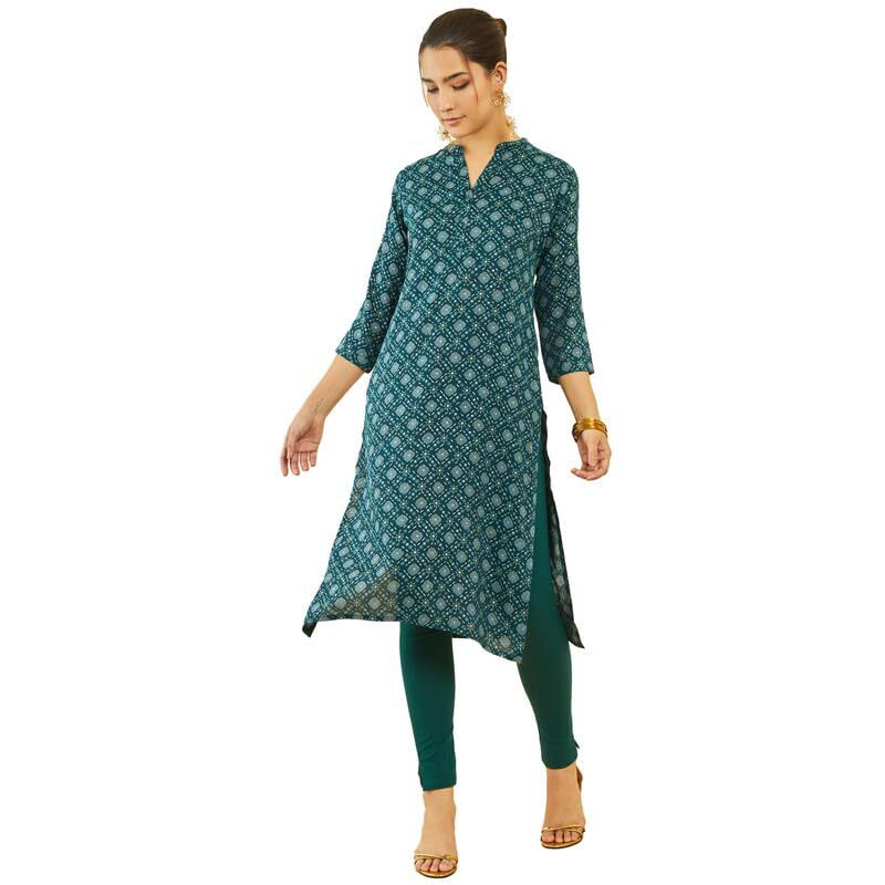 Soch Womens Teal Rayon Geometric Foil Print Straight Kurta