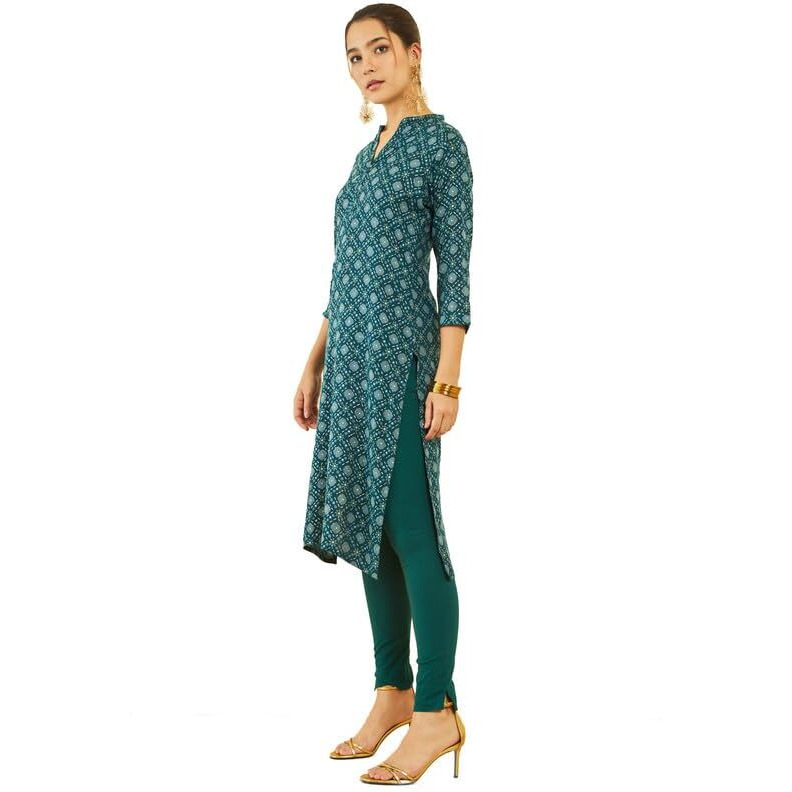 Soch Womens Teal Rayon Geometric Foil Print Straight Kurta