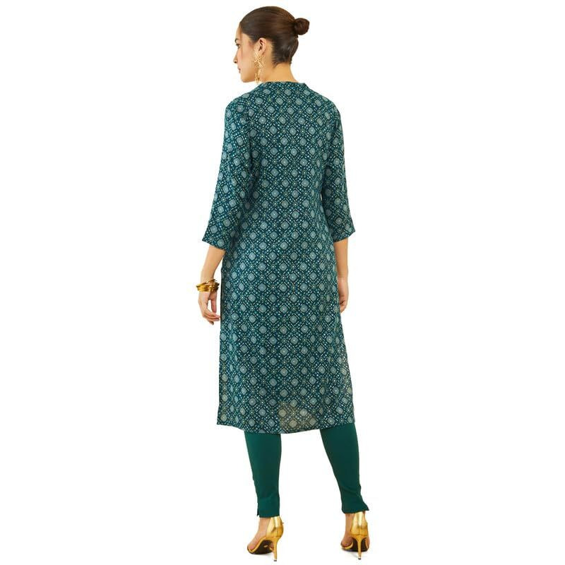 Soch Womens Teal Rayon Geometric Foil Print Straight Kurta
