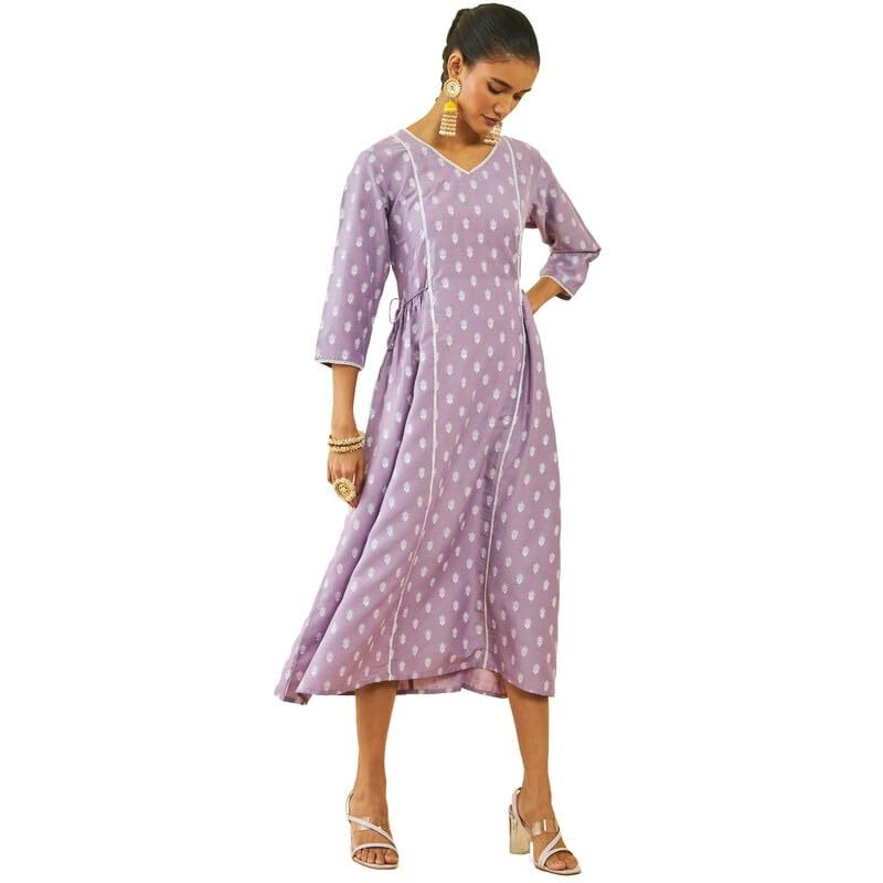 Soch Womens Purple Viscose Blend Ethnic Motifss Print V-Neck Dress Kurta