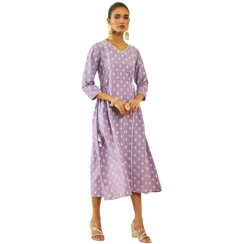 Soch Womens Purple Viscose Blend Ethnic Motifss Print V-Neck Dress Kurta