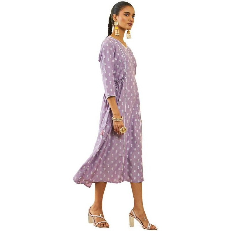 Soch Womens Purple Viscose Blend Ethnic Motifss Print V-Neck Dress Kurta