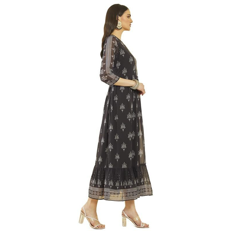 Soch Womens Black Georgette Botanical Print Dress With Cutdana Work Yoke