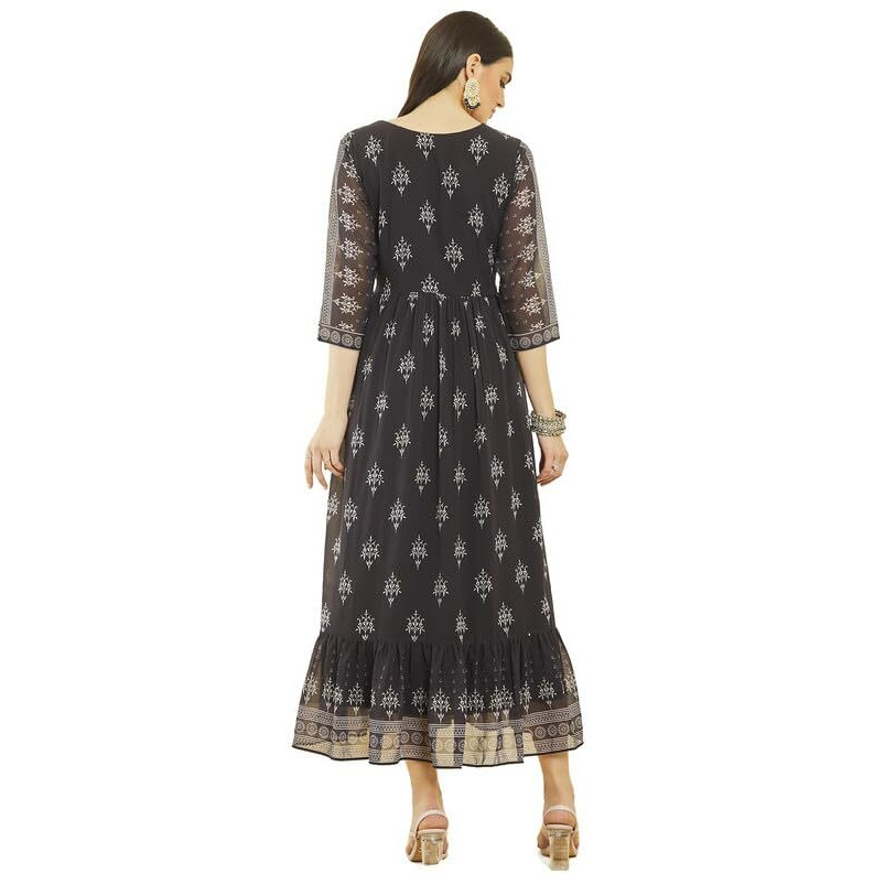 Soch Womens Black Georgette Botanical Print Dress With Cutdana Work Yoke