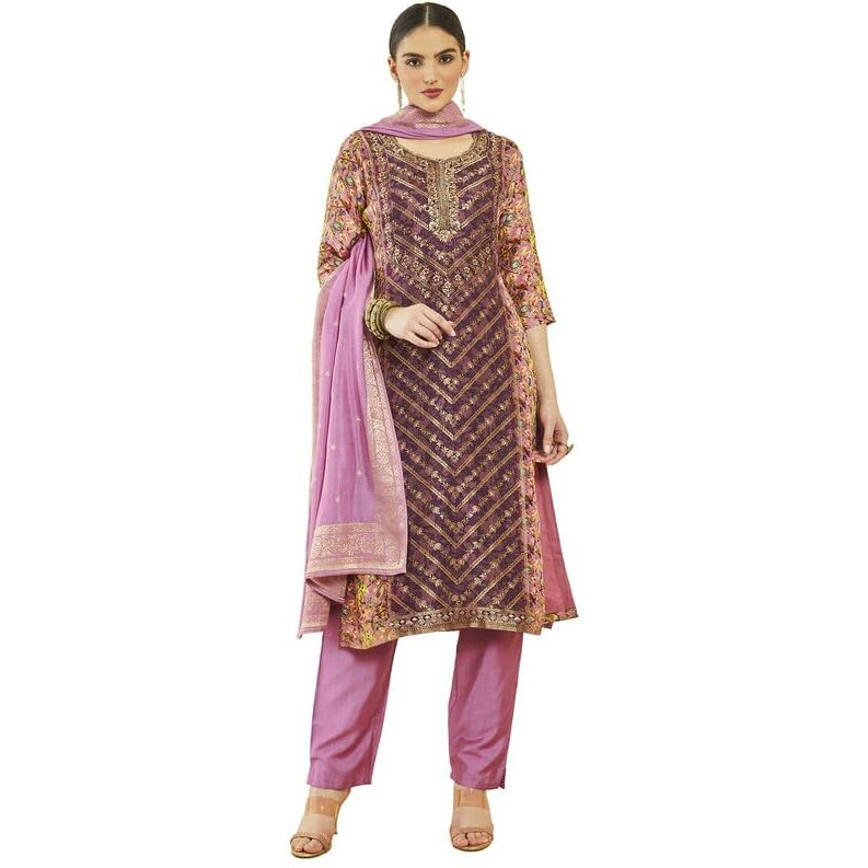 Soch Womens Magenta Brocade Bird Print And Zari Woven Suit Set With Dupatta