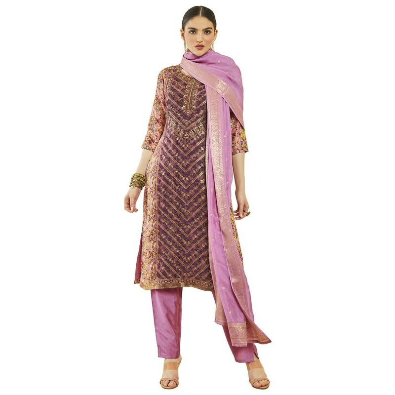Soch Womens Magenta Brocade Bird Print And Zari Woven Suit Set With Dupatta