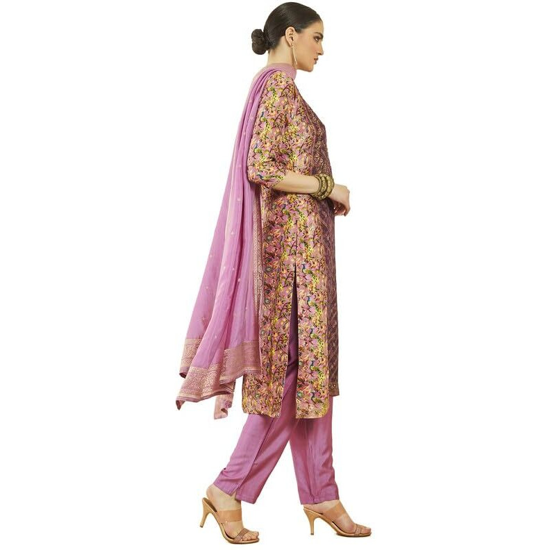 Soch Womens Magenta Brocade Bird Print And Zari Woven Suit Set With Dupatta
