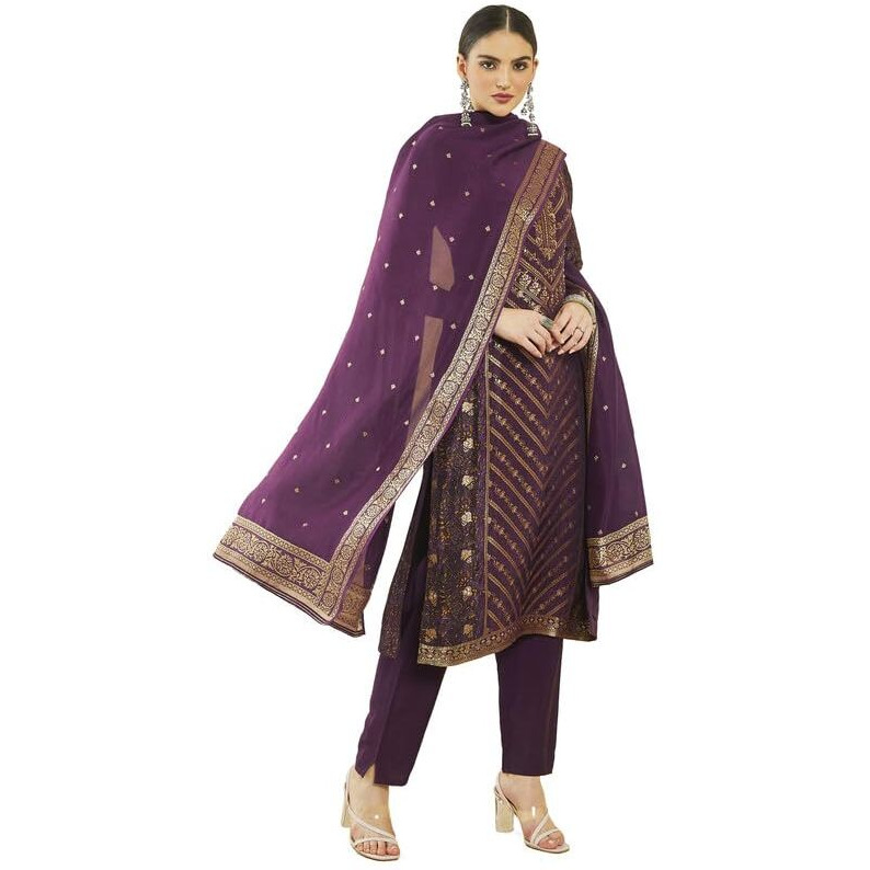Soch Womens Wine Brocade Floral Print And Zari Woven Suit Set With Dupatta