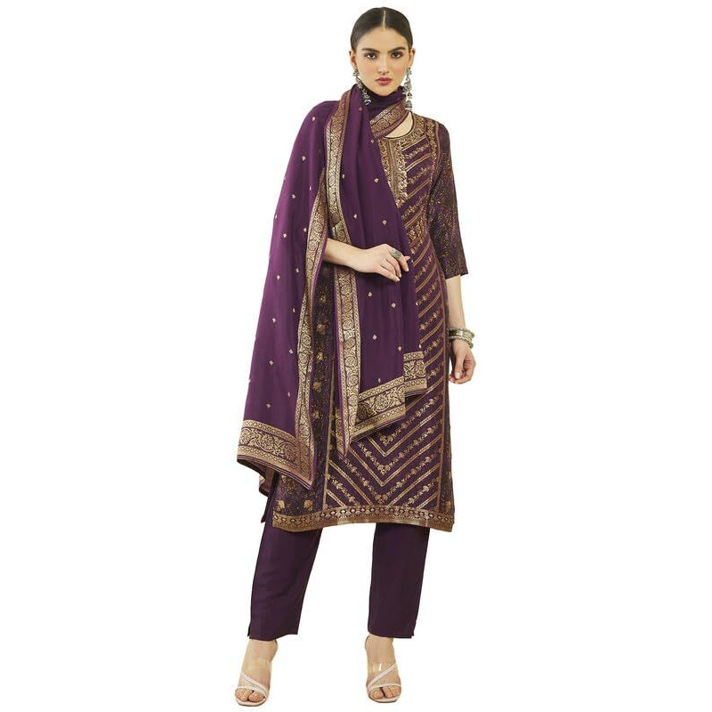 Soch Womens Wine Brocade Floral Print And Zari Woven Suit Set With Dupatta