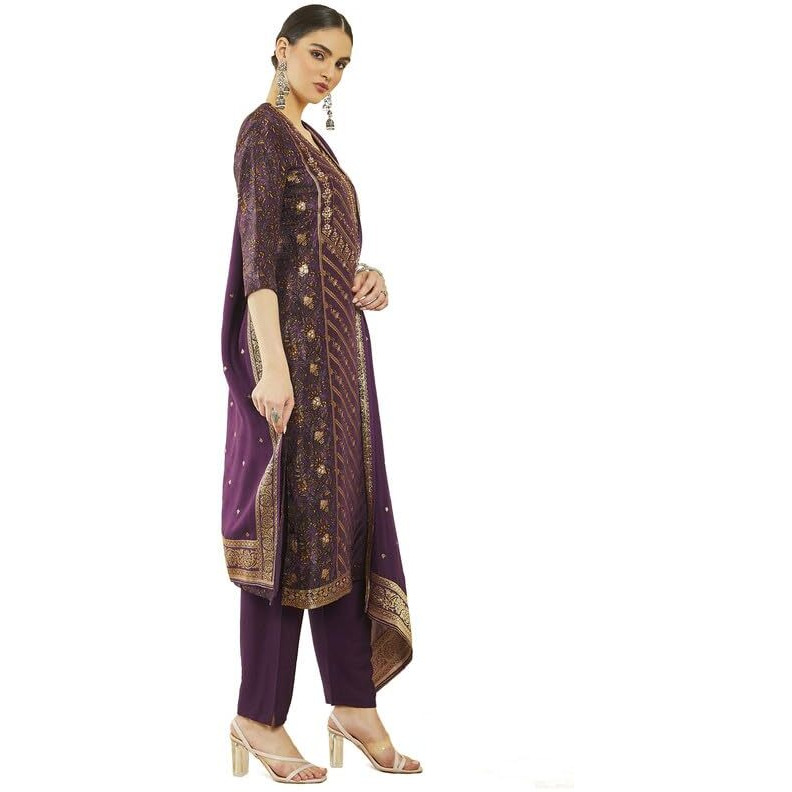 Soch Womens Wine Brocade Floral Print And Zari Woven Suit Set With Dupatta