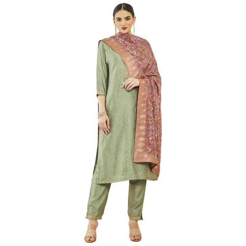 Soch Womens Sap Green Silk Blend Zari Embroidered Suit Set With Contrast Dupatta