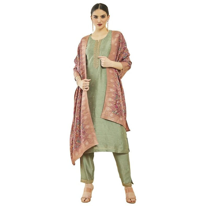 Soch Womens Sap Green Silk Blend Zari Embroidered Suit Set With Contrast Dupatta