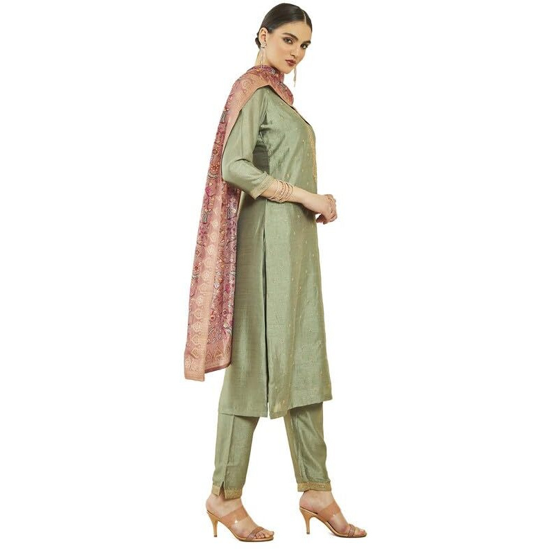 Soch Womens Sap Green Silk Blend Zari Embroidered Suit Set With Contrast Dupatta