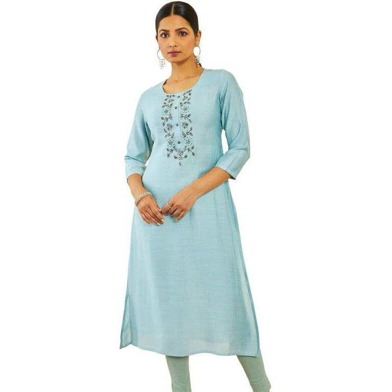 Soch Womens Powder Blue Viscose Blend Floral Cutdana Work Straight Kurta
