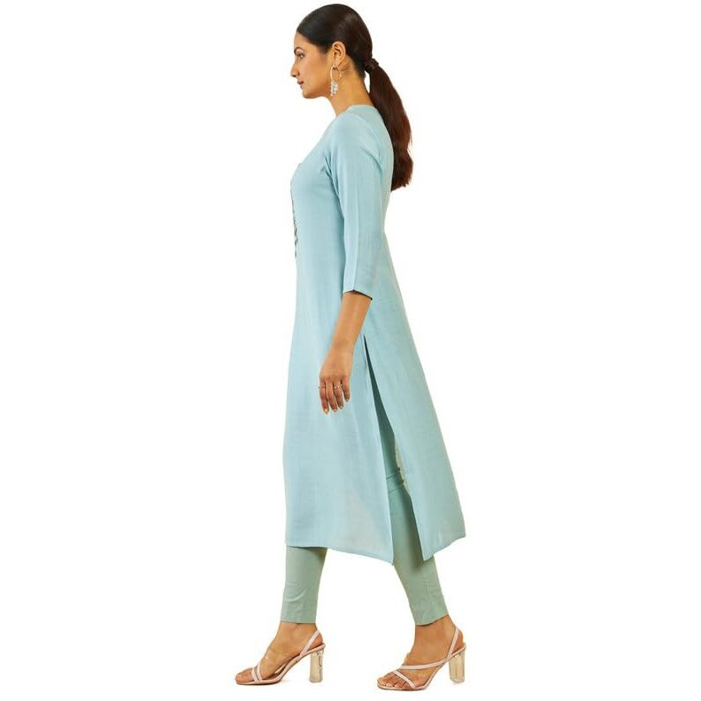 Soch Womens Powder Blue Viscose Blend Floral Cutdana Work Straight Kurta