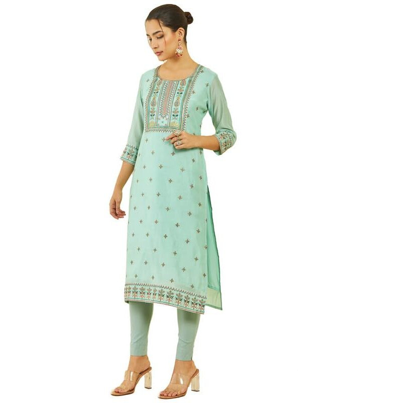 Soch Womens Green Chanderi Embroidered Scoop-Neck Straight Kurta With Pocket