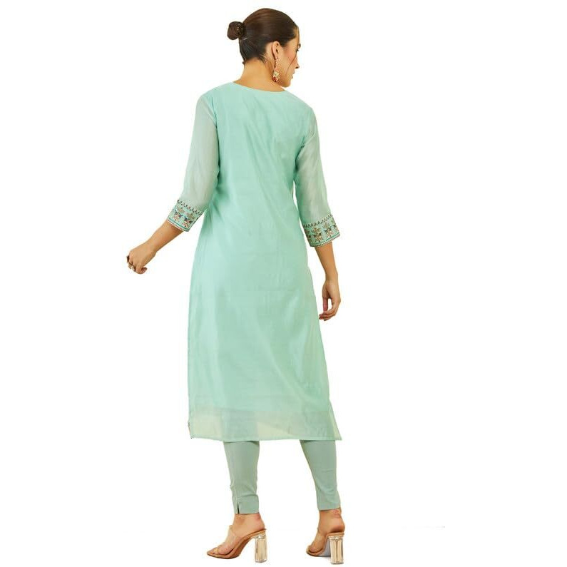 Soch Womens Green Chanderi Embroidered Scoop-Neck Straight Kurta With Pocket