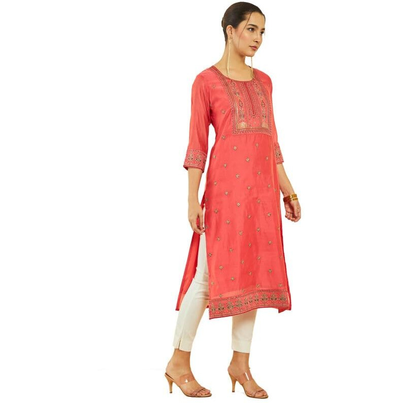 Soch Womens Pink Chanderi Embroidered Scoop-Neck Straight Kurta With Pocket