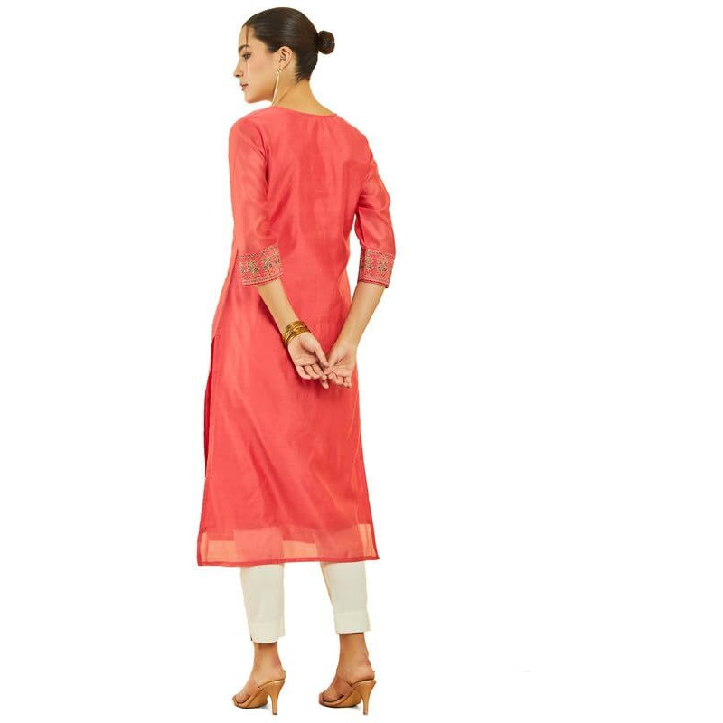 Soch Womens Pink Chanderi Embroidered Scoop-Neck Straight Kurta With Pocket