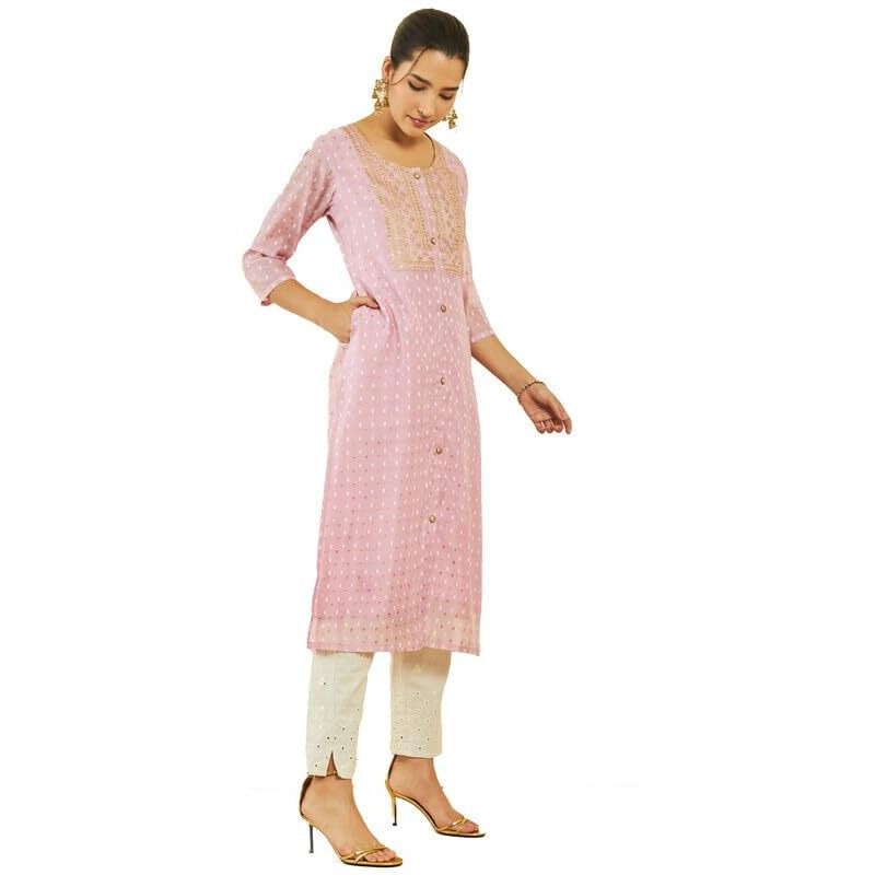 Soch Womens Pink Chanderi Polka-Dot Pattern Straight Kurta With Embroidered Yoke