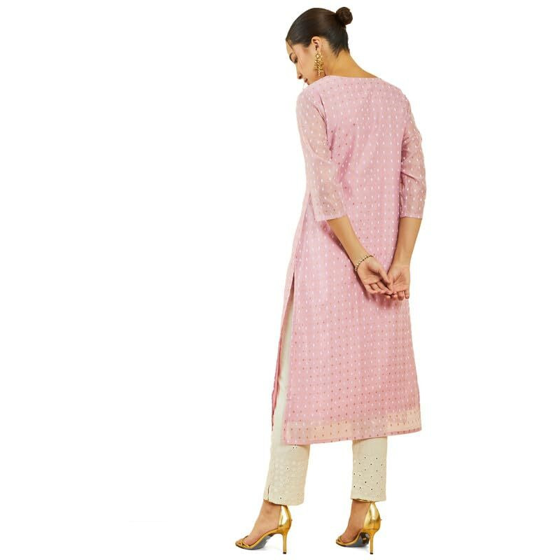 Soch Womens Pink Chanderi Polka-Dot Pattern Straight Kurta With Embroidered Yoke