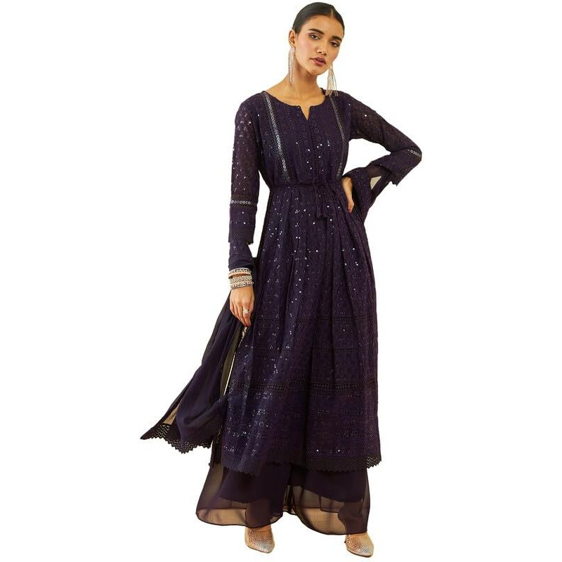 Soch Womens Purple Georgette All-Over Embroidered Palazzo Suit Set With Dupatta