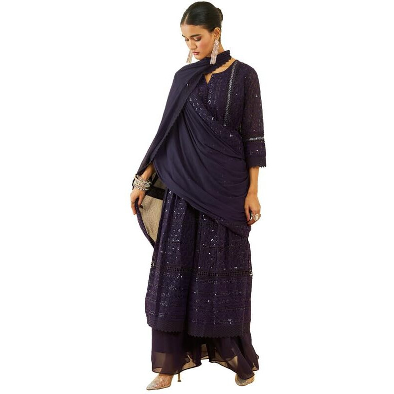 Soch Womens Purple Georgette All-Over Embroidered Palazzo Suit Set With Dupatta