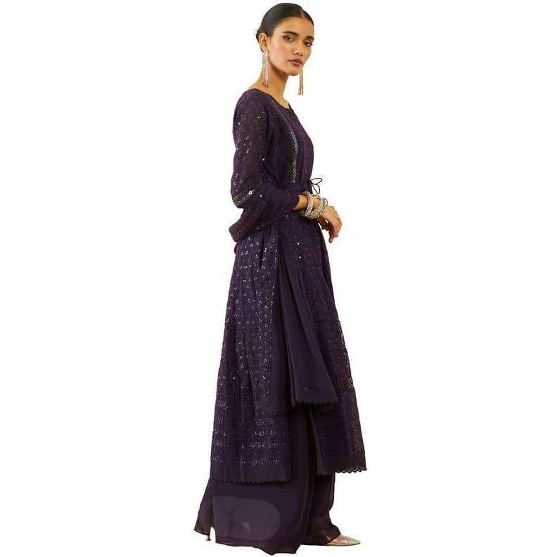 Soch Womens Purple Georgette All-Over Embroidered Palazzo Suit Set With Dupatta