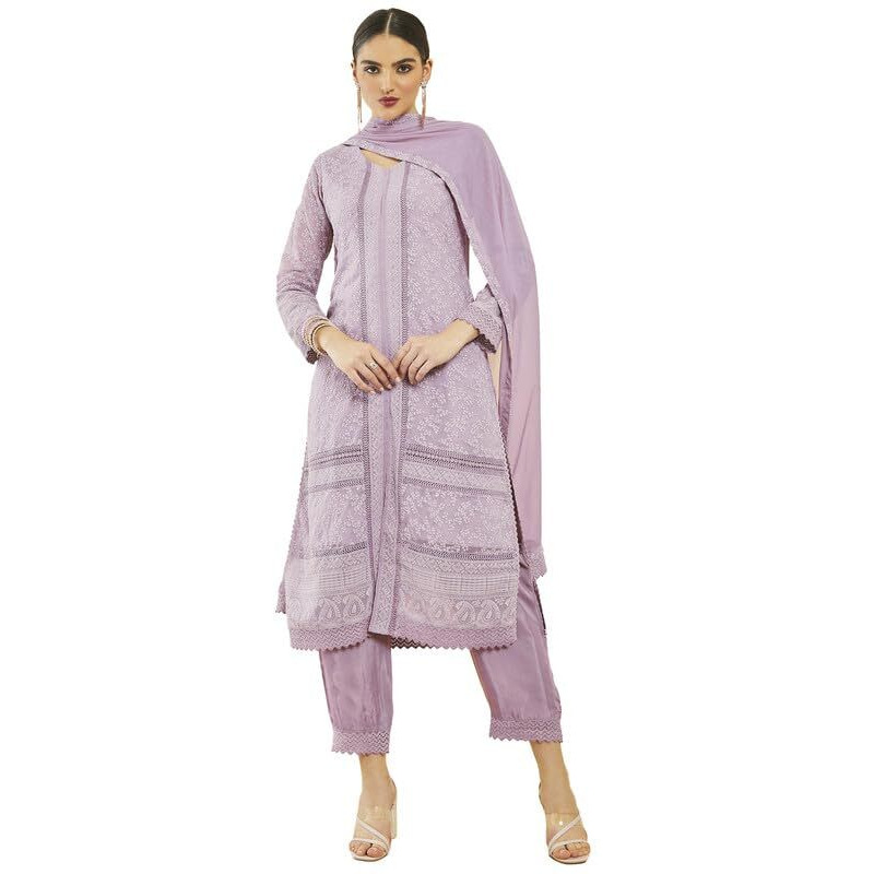 Soch Womens Purple Georgette Embroidered V-Neck Suit Set With Dupatta