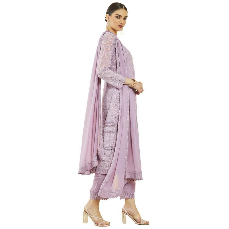 Soch Womens Purple Georgette Embroidered V-Neck Suit Set With Dupatta