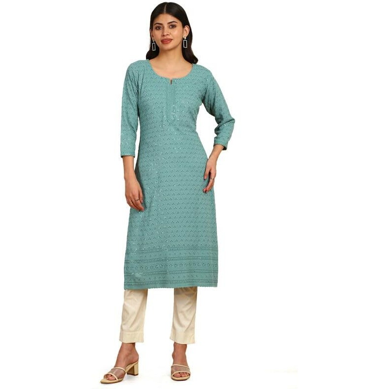 Soch Womens Teal Chikankari Machine Embroidery Rayon Kurta