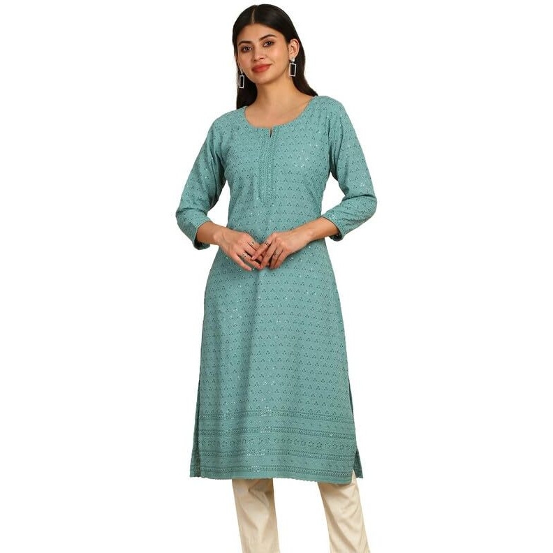 Soch Womens Teal Chikankari Machine Embroidery Rayon Kurta