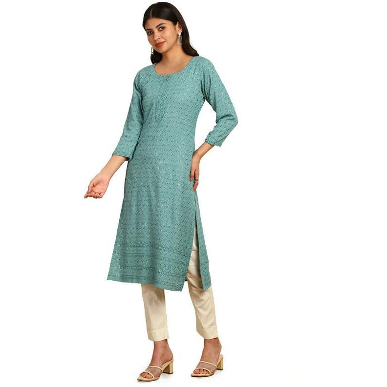 Soch Womens Teal Chikankari Machine Embroidery Rayon Kurta