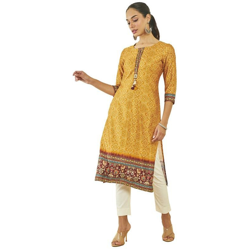 Soch Womens Mustard Satin Bandhani Print Straight Kurta With Tassels