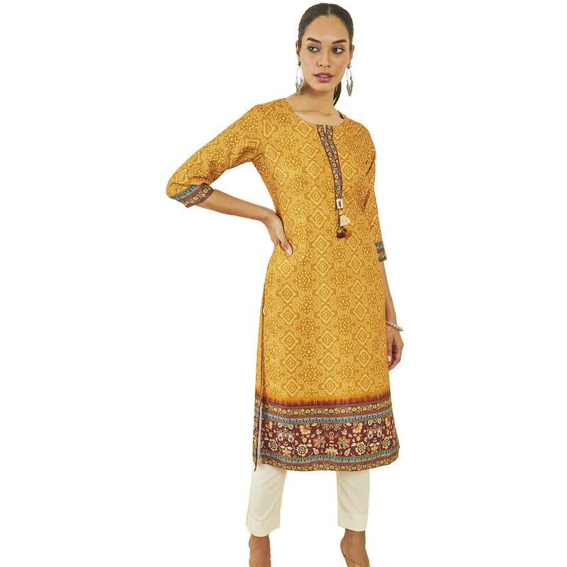 Soch Womens Mustard Satin Bandhani Print Straight Kurta With Tassels