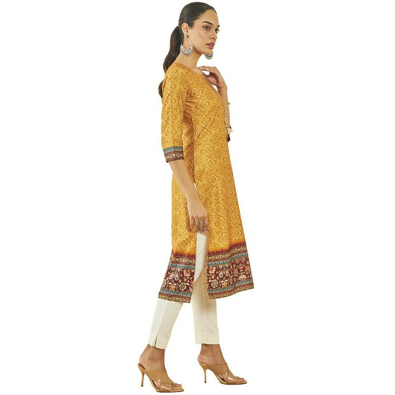 Soch Womens Mustard Satin Bandhani Print Straight Kurta With Tassels