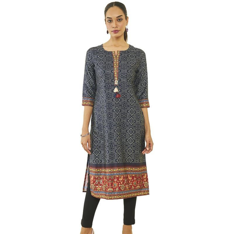 Soch Womens Navy Blue Satin Bandhani Print Straight Kurta With Tassels